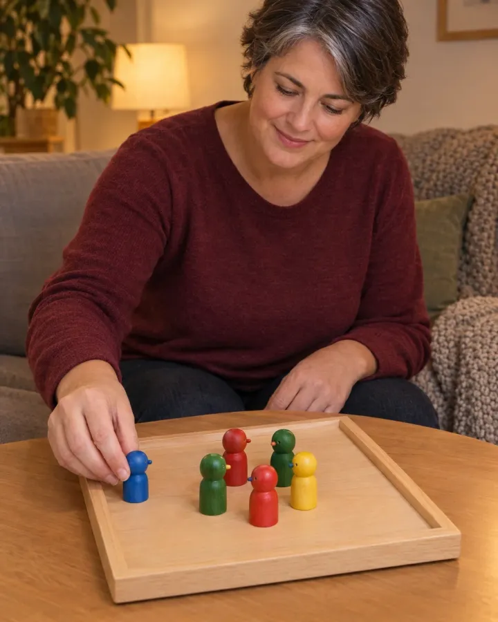 Frau stellt am Abend ihr Team als Holzfiguren auf einem Systembrett auf und dreht eine abseits stehende Figur zur Gruppe