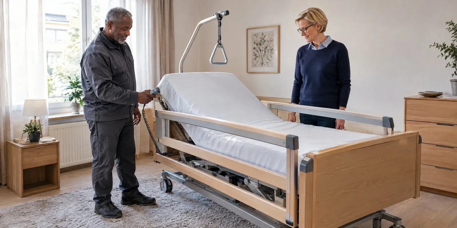 Sanitätshaus-Techniker fährt in einem Schlafzimmer das Kopfteil eines frisch aufgebauten Pflegebetts hoch, die Versorgungsmanagerin nimmt es vor der Entlassung ab