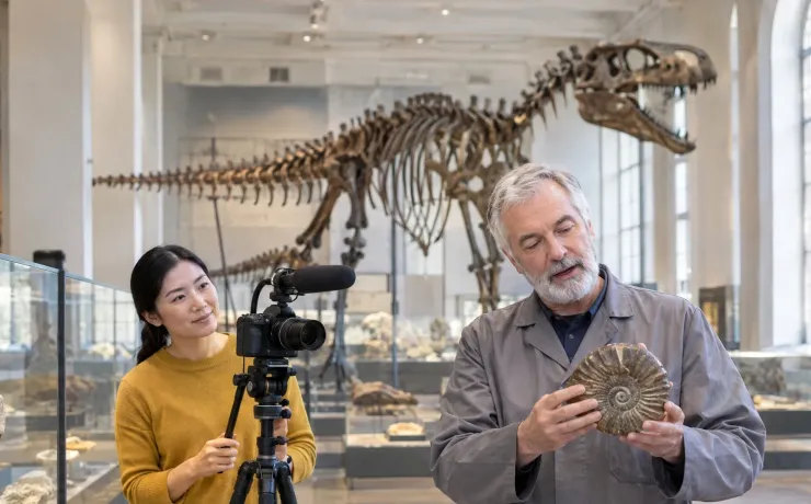 E-Learning Studium: Mediendidaktikerin filmt in einem Museumssaal einen Präparator, der ein Ammonitenfossil erklärt