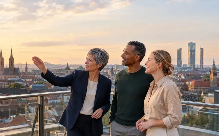 Drei Erwachsene blicken am Abend von einer Dachterrasse auf die Kirchtürme und Glastürme einer europäischen Stadt
