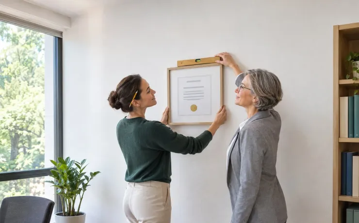 Absolventin hängt im Büro ihre eingerahmte Urkunde an die Wand, eine Kollegin stellt sie mit der Wasserwaage gerade