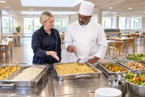Sporternährungsberaterin legt am Stützpunkt-Buffet mit dem Küchenchef fest, wie viele Nudeln am Abend vor dem Wettkampf bereitstehen
