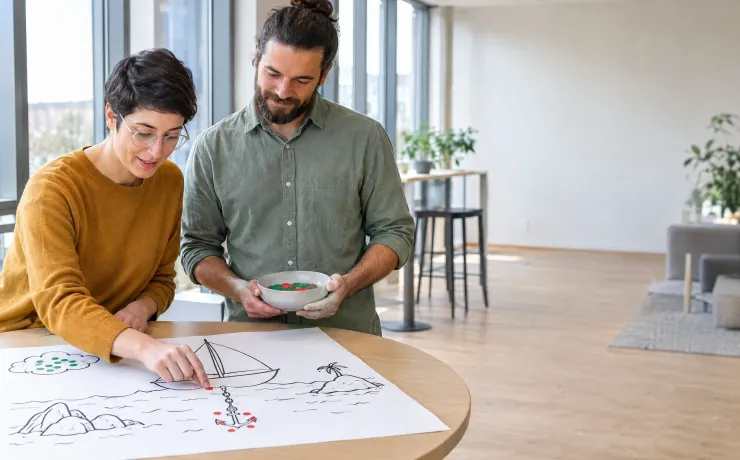 Entwicklerin klebt in der Sprint-Rückschau einen roten Punkt an die Ankerkette eines auf Papier gezeichneten Segelboots, der Scrum Master hält die Schale mit den Punkten und schaut zu