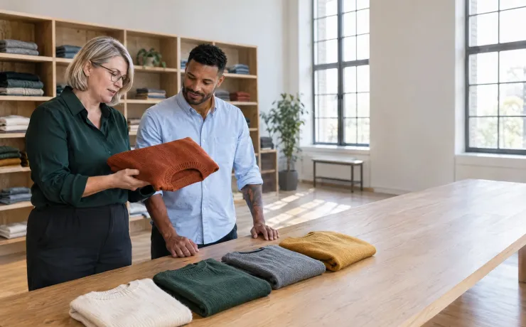 E-Commerce-Produktmanagerin hebt im Musterraum einen gefalteten rostroten Pullover aus einer Reihe gleicher Pullover in anderen Farben, der Einkäufer schaut zustimmend darauf