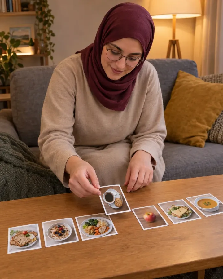 Frau ordnet am Abend Fotos der Mahlzeiten eines Tages zu einer Reihe und bereitet so ein Beratungsgespräch vor