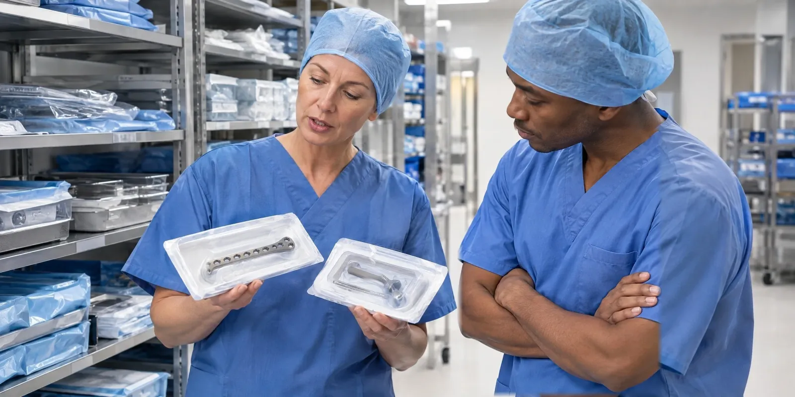 Gesundheitsökonom vergleicht im Implantatlager mit der OP-Managerin zwei Sets, um über die Sachkosten zu entscheiden