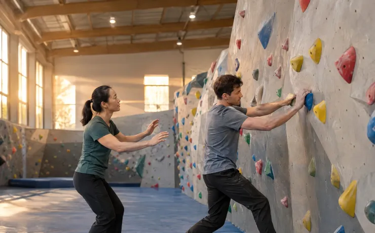 Ein Mann quert in der Boulderhalle an der Wand, seine Partnerin geht dicht hinter ihm mit erhobenen Händen mit