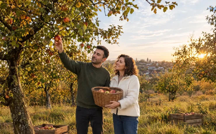 Ein Paar erntet Äpfel auf einer Streuobstwiese, er pflückt einen Apfel, sie hält den Korb