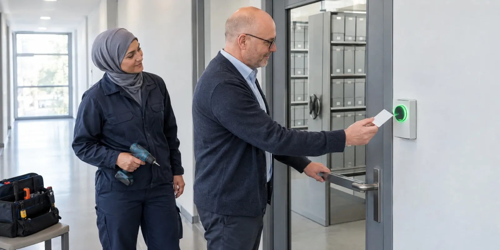Sachbearbeiter hält seinen Dienstausweis an einen neu montierten Kartenleser vor dem Personalaktenarchiv, die Haustechnikerin sieht zu