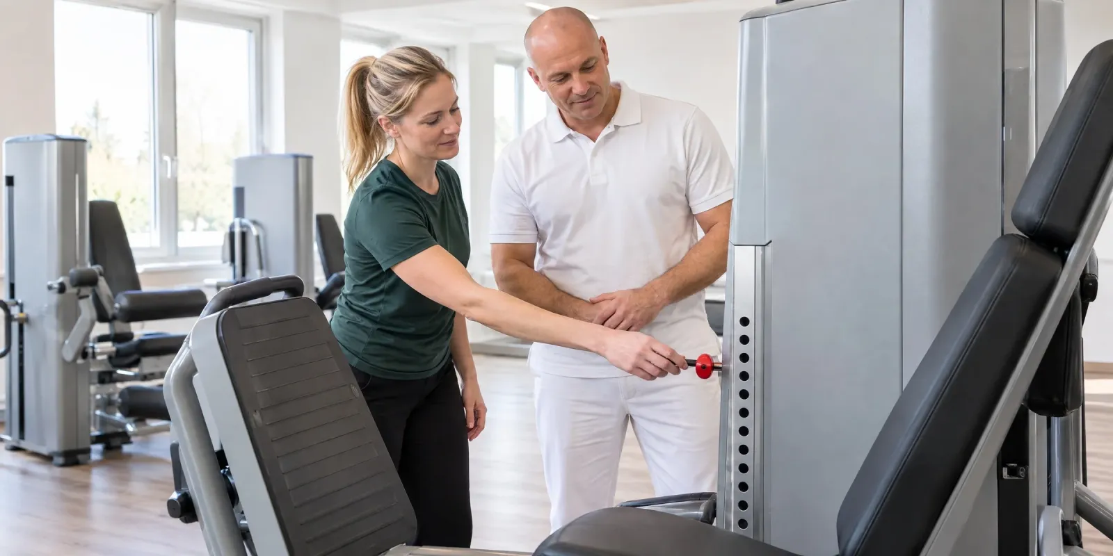 Trainerin steckt an der Beinpresse den Bolzen der Bewegungsbegrenzung um, der Physiotherapeut schaut zustimmend zu
