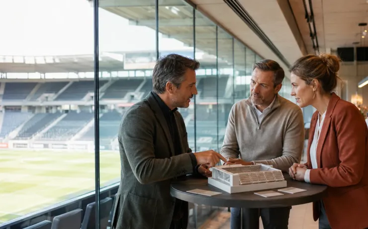 Drei Fachkräfte besprechen in einer Stadionlounge ein Modell der Spielstätte, dahinter das leere Stadion