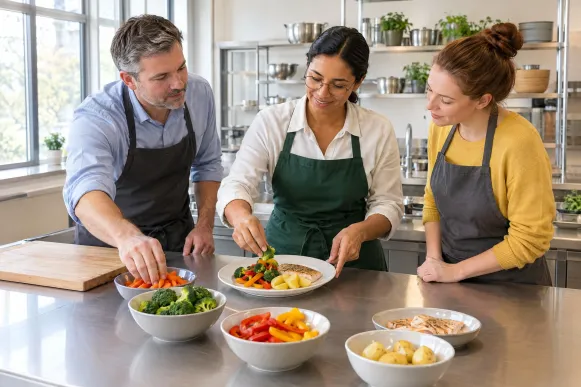 Ernährungsfachfrau zeigt in einer Lehrküche zwei Kursteilnehmenden, wie die Hälfte eines Tellers mit Gemüse belegt wird