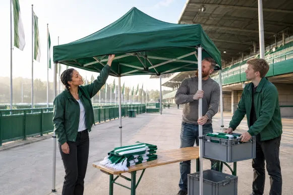 Sportmarketing-Managerin spannt mit Veranstaltungsleiter und Helfer im Stadionumlauf den Aktionspavillon eines Partners auf
