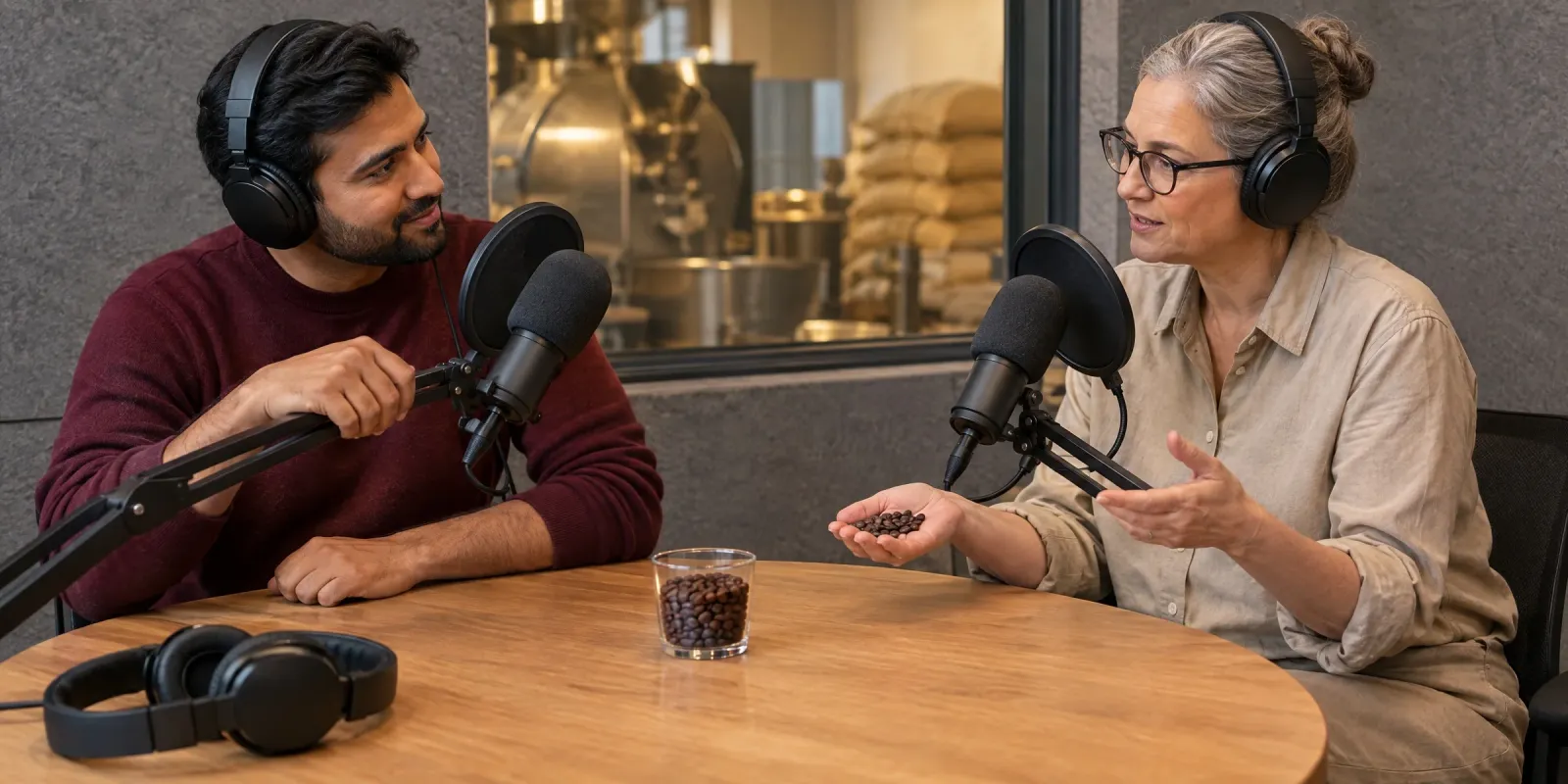 Digital-Marketing-Manager nimmt mit der Röstmeisterin eine Podcastfolge auf, sie zeigt beim Erzählen eine Handvoll gerösteter Kaffeebohnen; hinter dem Fenster die Röstanlage