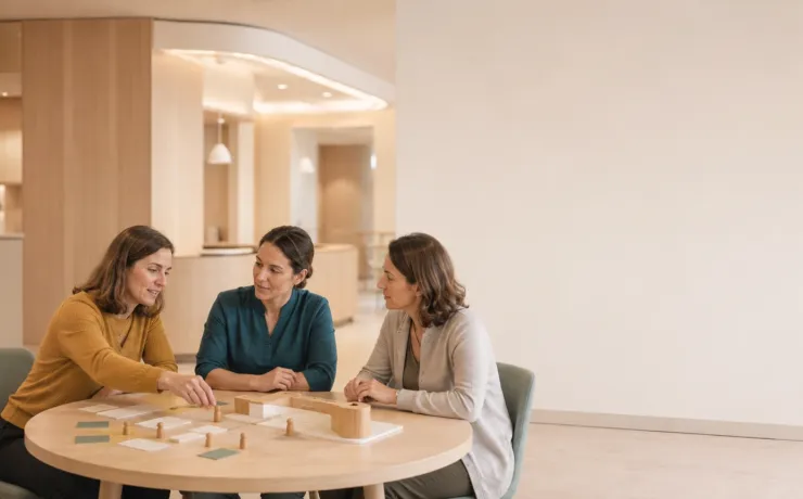 Drei Fachkräfte besprechen an einem Tisch im Foyer einer Gesundheitseinrichtung eine Ablaufplanung