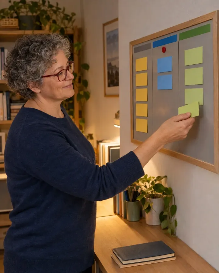 Frau setzt am Abend auf ihrem kleinen Kanban-Board eine hellgrüne Karte in die Spalte für Erledigtes