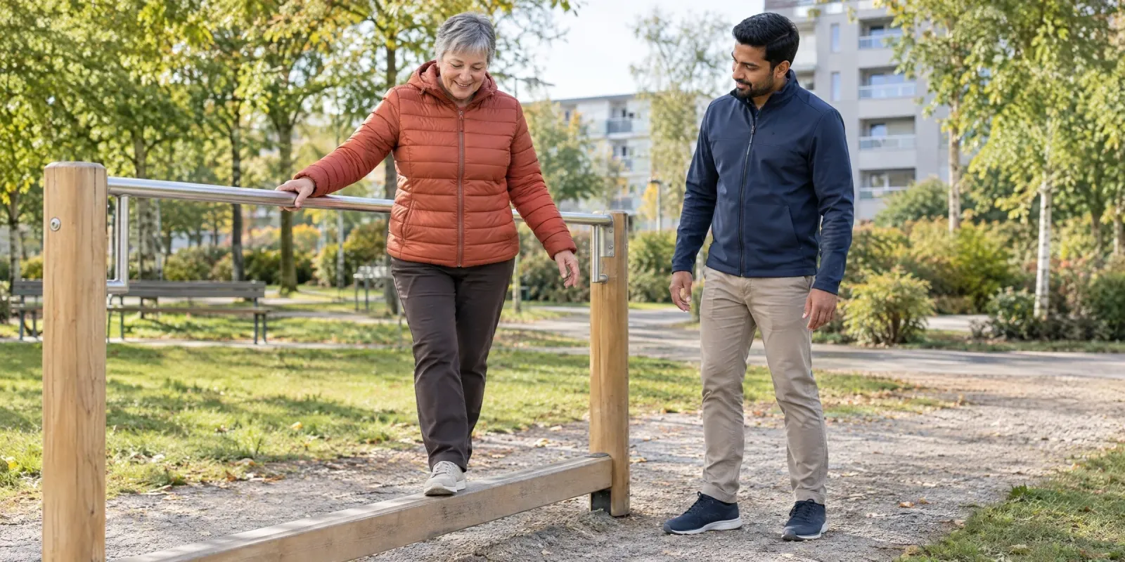 Quartiersmanagerin probiert im Stadtteilpark eine Balancierstation eines Bewegungsparcours für Ältere aus, der Präventionsmanager prüft den Handlauf