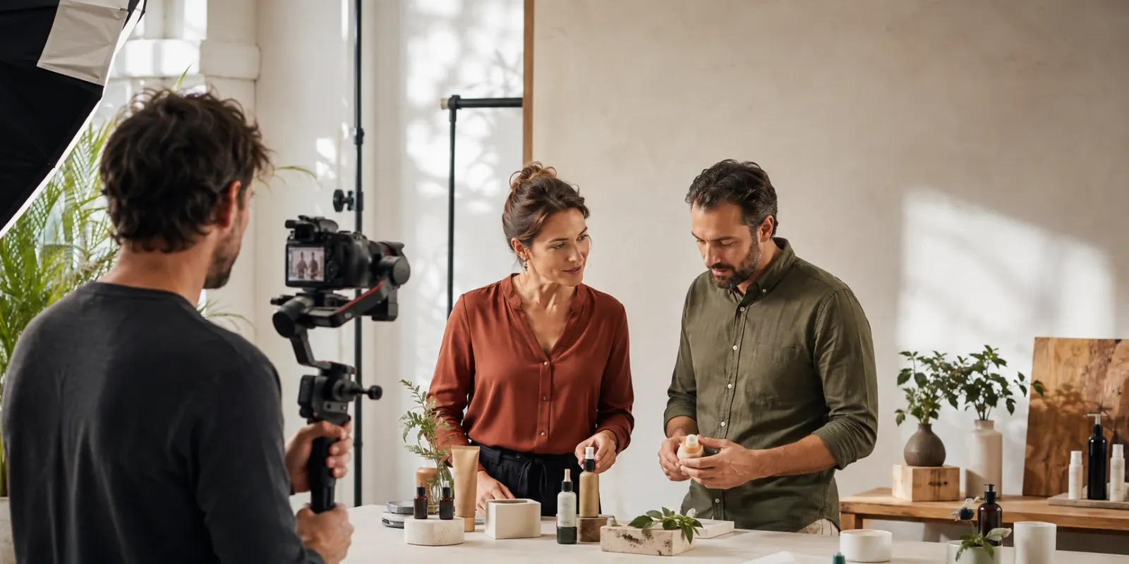 Ein Kameramann filmt zwei Personen, die an einem Tisch Produkte für eine Content-Produktion arrangieren