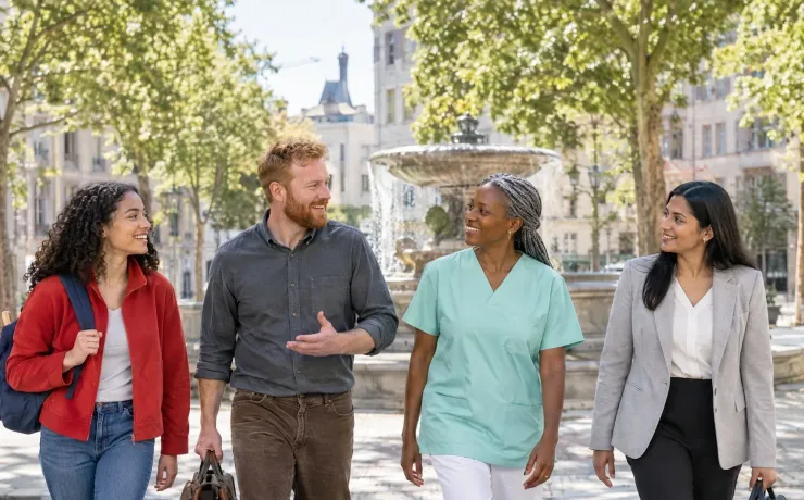 Vier Menschen mit unterschiedlichen Berufen und Lebenswegen gehen gemeinsam lachend über einen Zebrastreifen vor einem Brunnenplatz