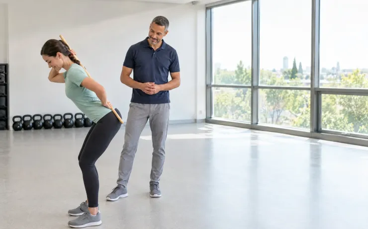 Trainer beobachtet eine Einsteigerin, die mit einem Holzstab am Rücken die Hüftbeuge übt, und nickt ihr bestätigend zu