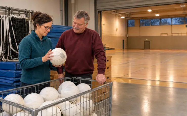 Ehrenamtliche prüft im Geräteraum der Vereinshalle einen abgenutzten Volleyball, der Abteilungsleiter stimmt der Neuanschaffung zu