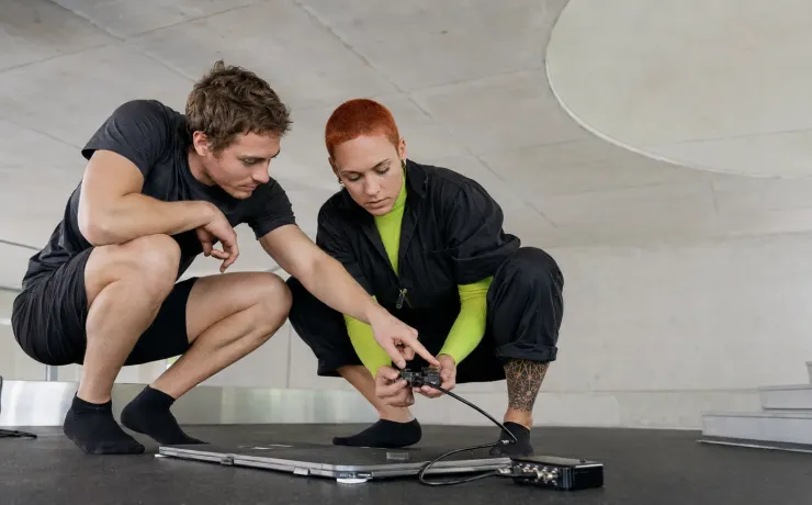 Zwei Personen richten die Sensorik einer Kraftmessplatte für eine sportwissenschaftliche Messung ein