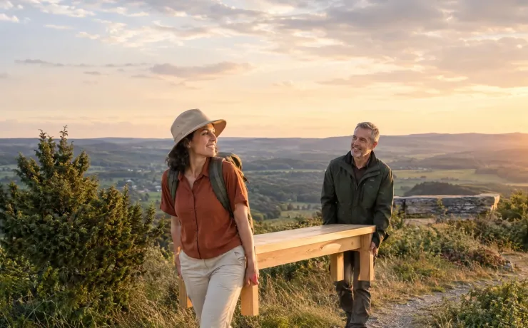 Eine Reisende mit Rucksack und ein Einheimischer tragen gemeinsam eine Holzbank über einen Wanderpfad zu einem Aussichtspunkt