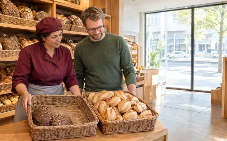 Filialleiterin einer Bäckerei zeigt dem Marketingverantwortlichen den fast leer verkauften Korb mit dem Aktionsbrot, direkt neben einem vollen Brotkorb