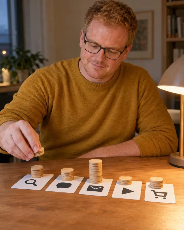 Mann verteilt am Abend Holzchips als Budget auf fünf Karten mit Symbolen für Suche, Social Media, E-Mail, Video und Shop