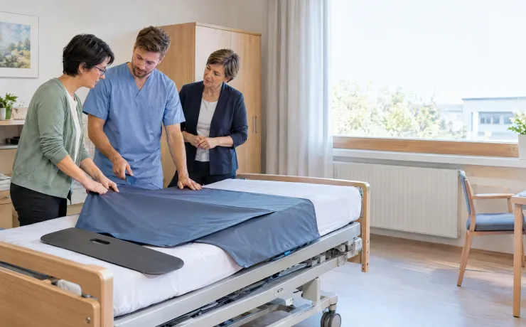 Präventionsmanagerin legt mit Pflegedienstleitung und Pflegekraft am Pflegebett fest, welche Hilfsmittel für rückengerechtes Arbeiten bereitstehen