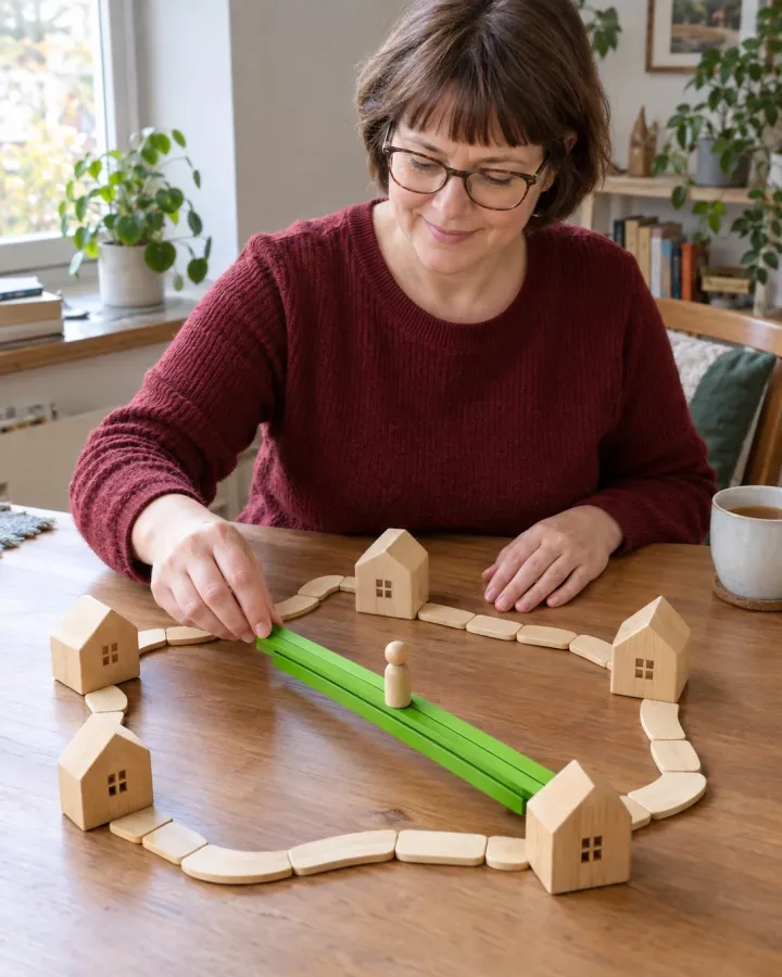 Frau legt in einem Holzmodell eines Ablaufs eine grüne Abkürzung quer über den langen Weg zwischen fünf Stationen