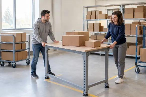 Betriebsleiterin und Mitarbeiter rücken im Versandbereich eines Online-Händlers gemeinsam den Packtisch an seinen neuen Platz