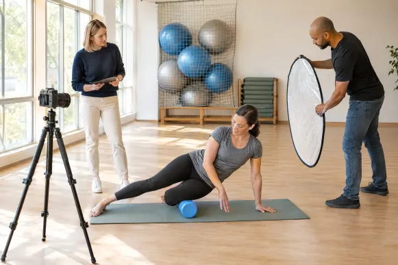 Marketingmanagerin stimmt in einem Kursraum mit Fotograf und Kursleiterin das Kampagnenmotiv für einen Gesundheitskurs ab