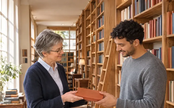 Deine Brücke zur EHiP: Buchhändlerin reicht einem jungen Mann in ihrer Buchhandlung ein Buch aus dem Regal