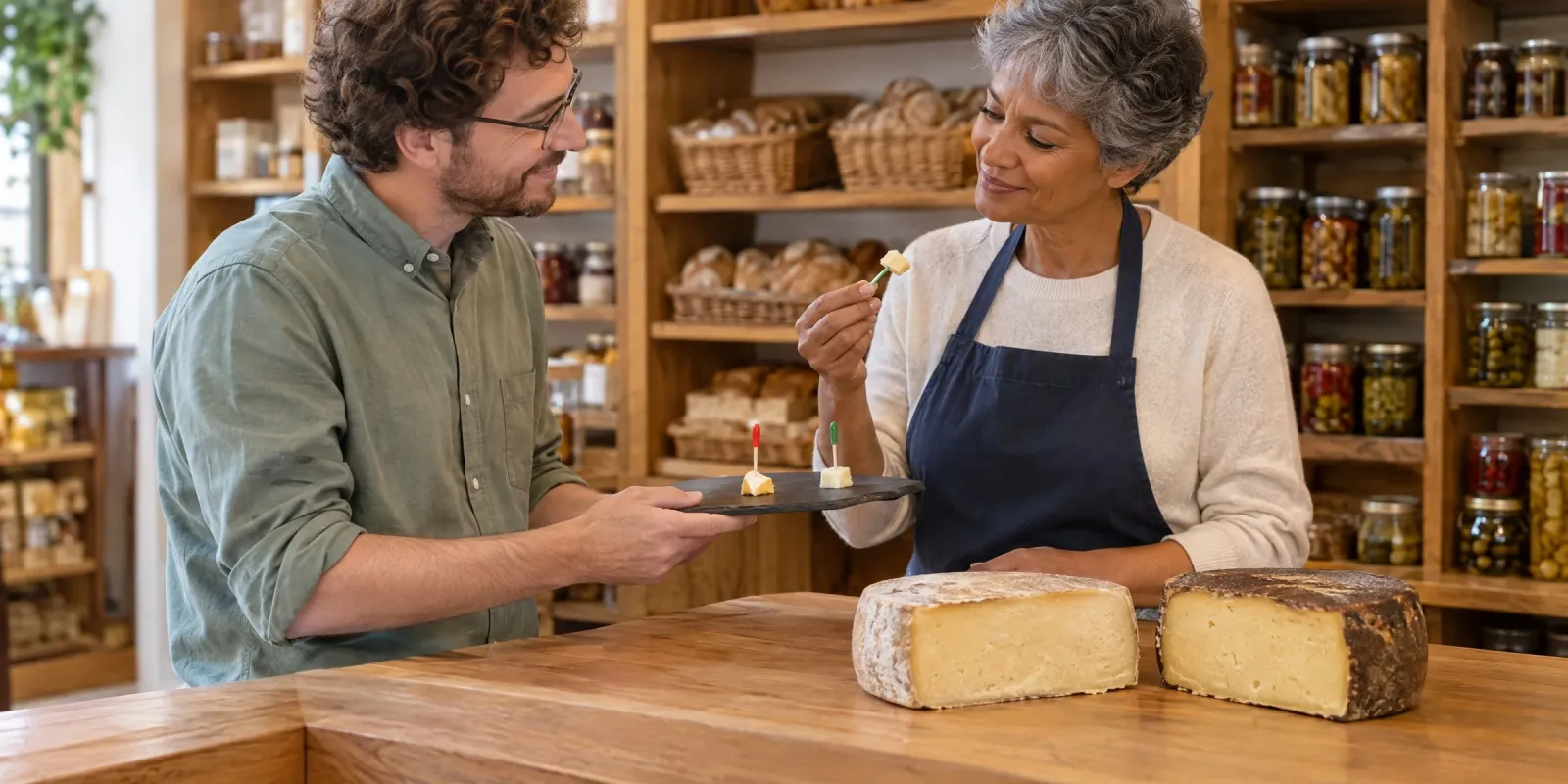 Pricing-Spezialist einer Käserei reicht der Inhaberin eines Feinkostladens markierte Probierstücke zum Blindvergleich, sie betrachtet lächelnd ihr Stück, vor ihr liegen der junge und der gereifte Laib