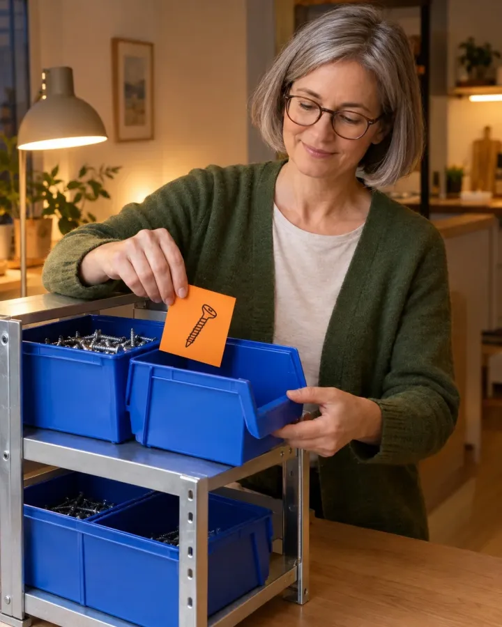 Frau zieht am Abend an einem kleinen Regal den leeren Schraubenkasten mit einer orangefarbenen Karte heraus, der volle Kasten dahinter rückt nach