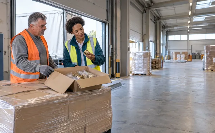Supply-Chain-Managerin prüft an der Laderampe ein Teil aus der ersten Lieferung eines neuen Lieferanten, der Wareneingangsleiter hält den Karton offen