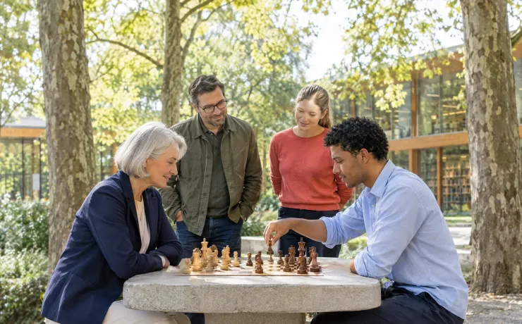 Eine ältere Frau und ein junger Mann spielen im Stadtpark auf Augenhöhe Schach, zwei Passanten sehen zu