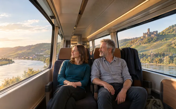 Zwei Fahrgäste blicken aus dem Panoramafenster eines Zuges auf Fluss und Weinhänge