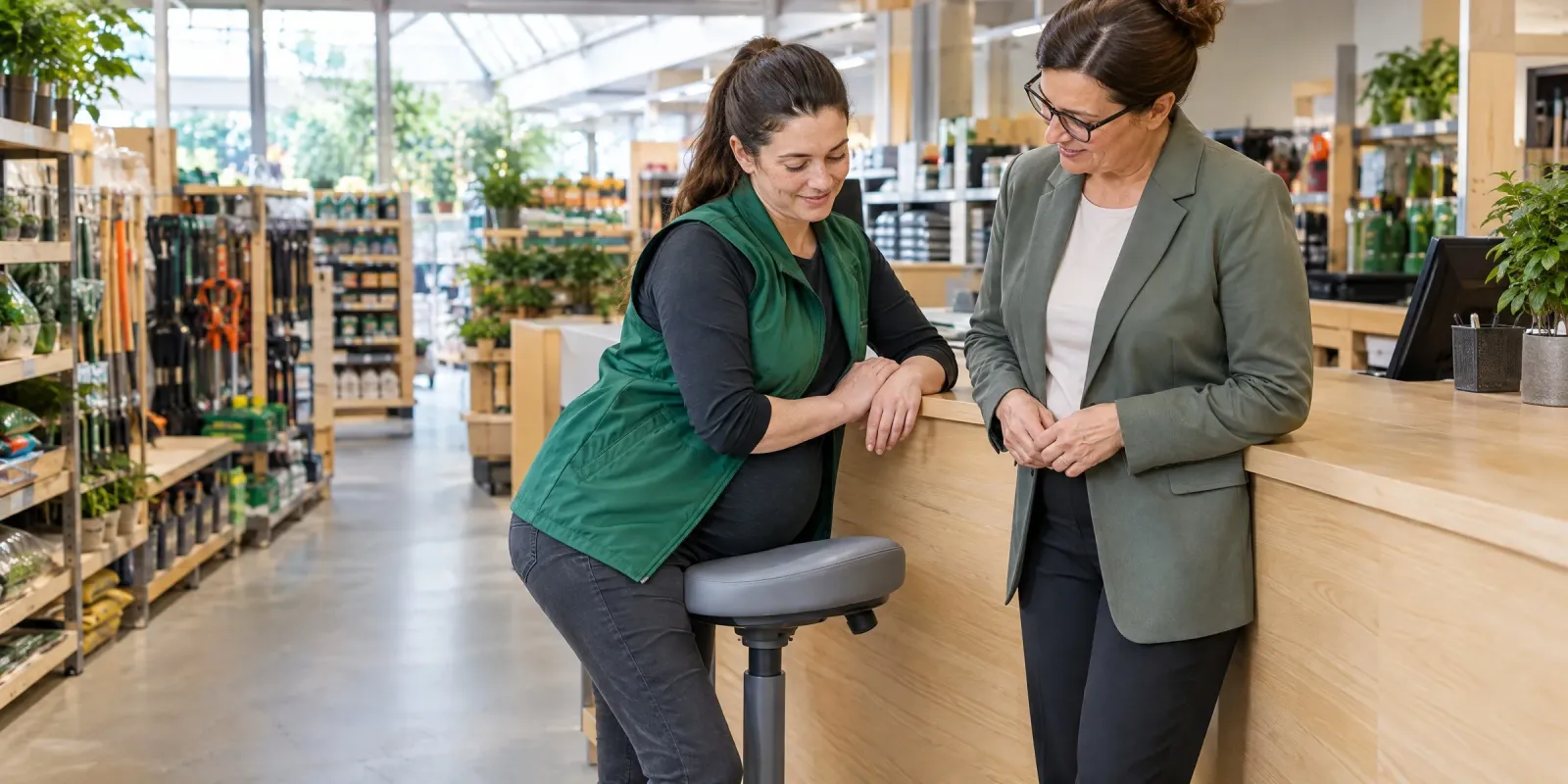 HR-Managerin stellt an der Infotheke eines Baumarkts eine Stehhilfe für eine schwangere Mitarbeiterin ein, die sich lächelnd darauf lehnt