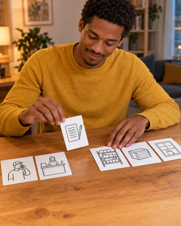 Mann nimmt am Abend aus einer Reihe gezeichneter Ablaufkarten die Karte mit einem Papierformular heraus und schließt die Lücke