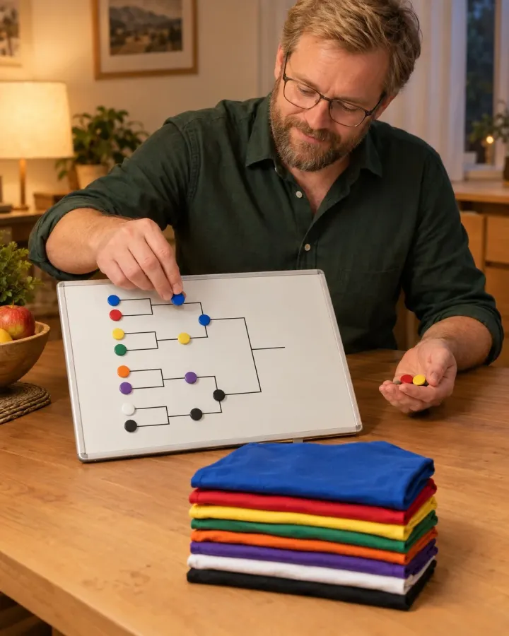 Mann belegt am Küchentisch einen Turnierbaum auf einer Magnettafel mit farbigen Magneten, daneben liegen Mannschaftsleibchen in denselben Farben