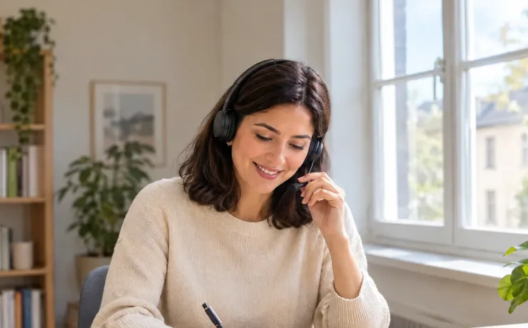 Studienberatung der EHiP: Frau mit Headset sitzt am Schreibtisch