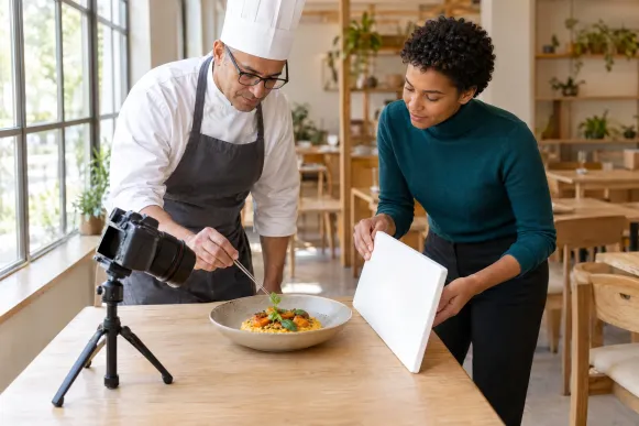 Küchenchef setzt ein Basilikumblatt auf ein Risotto, während eine Marketingmanagerin mit einem Reflektor das Licht für das Foto am Fenstertisch prüft