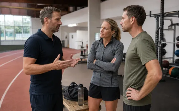 Ernährungsfachkraft bespricht die Ernährungsstrategie mit zwei Sportlerinnen und Sportlern in der Trainingshalle