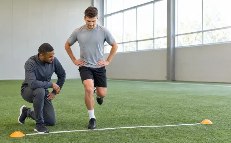 Athletiktrainer kniet neben einem Fußballer und beurteilt beim Sprungtest vor der Rückkehr ins Training die einbeinige Landung