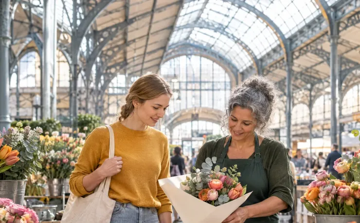 Frau steht an einem Blumenstand in einer Markthalle in Valencia, die Händlerin schlägt ihren Strauß in Papier ein