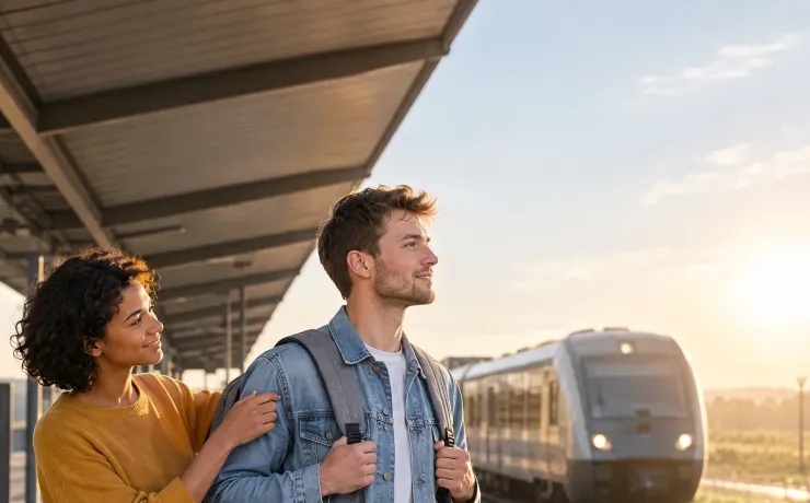 Ein Mann mit Rucksack blickt auf dem Bahnsteig entschlossen dem einfahrenden Zug entgegen, seine Freundin richtet ihm den Rucksackriemen