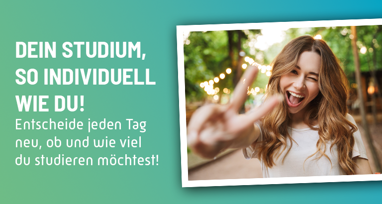 Dein Studium, so individuell wie du! Entscheide jeden Tag neu, ob und wie viel du studieren möchtest! Lachende Frau zeigt Peace Zeichen