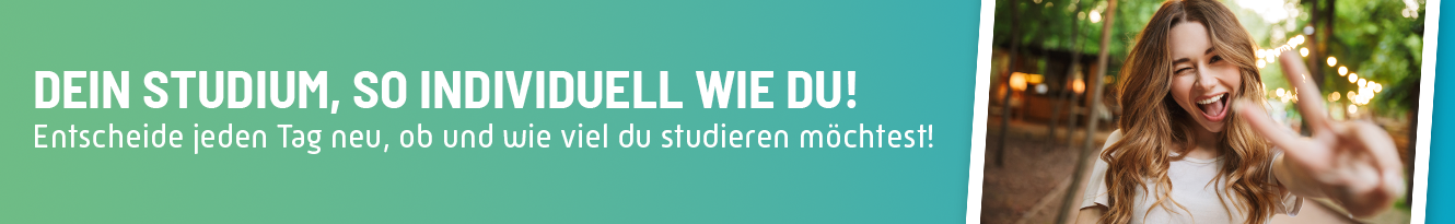 Dein Studium, so individuell wie du! Entscheide jeden Tag neu, ob und wie viel du studieren möchtest! Lachende Frau zeigt Peace Zeichen